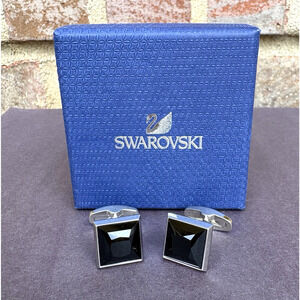Swarovski Black Crystal Silver Tone Square Cufflinks w/ Gift Box